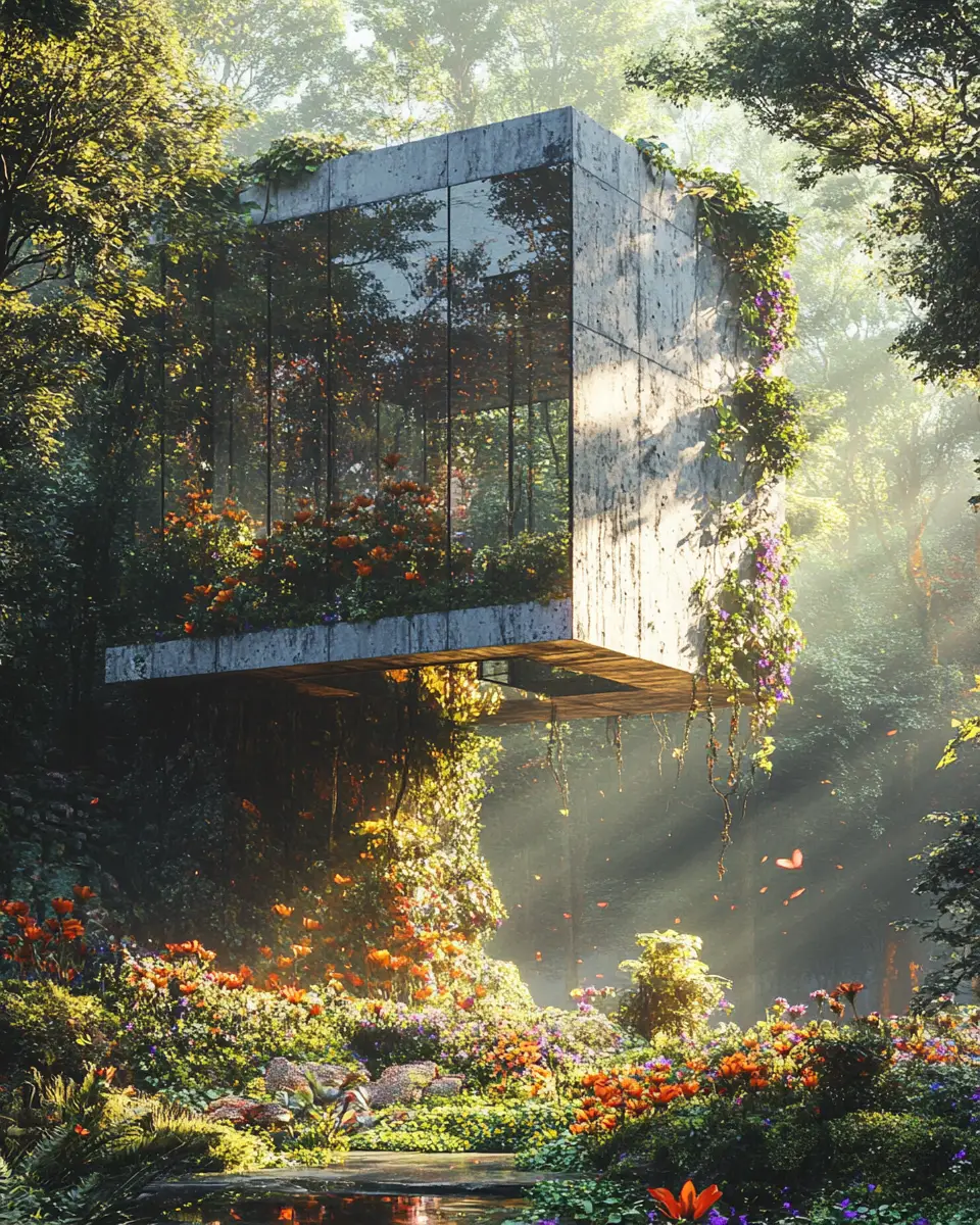 Tempio ecologico futuristico riconquistato dalla natura in una radura nella foresta