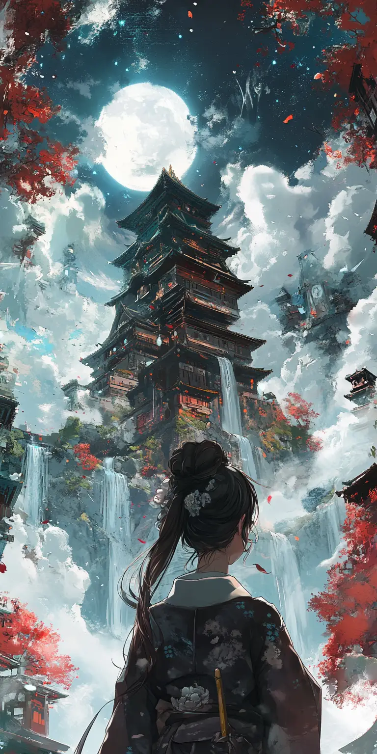 白色丸子頭與黑色小貓夢境的動漫女孩