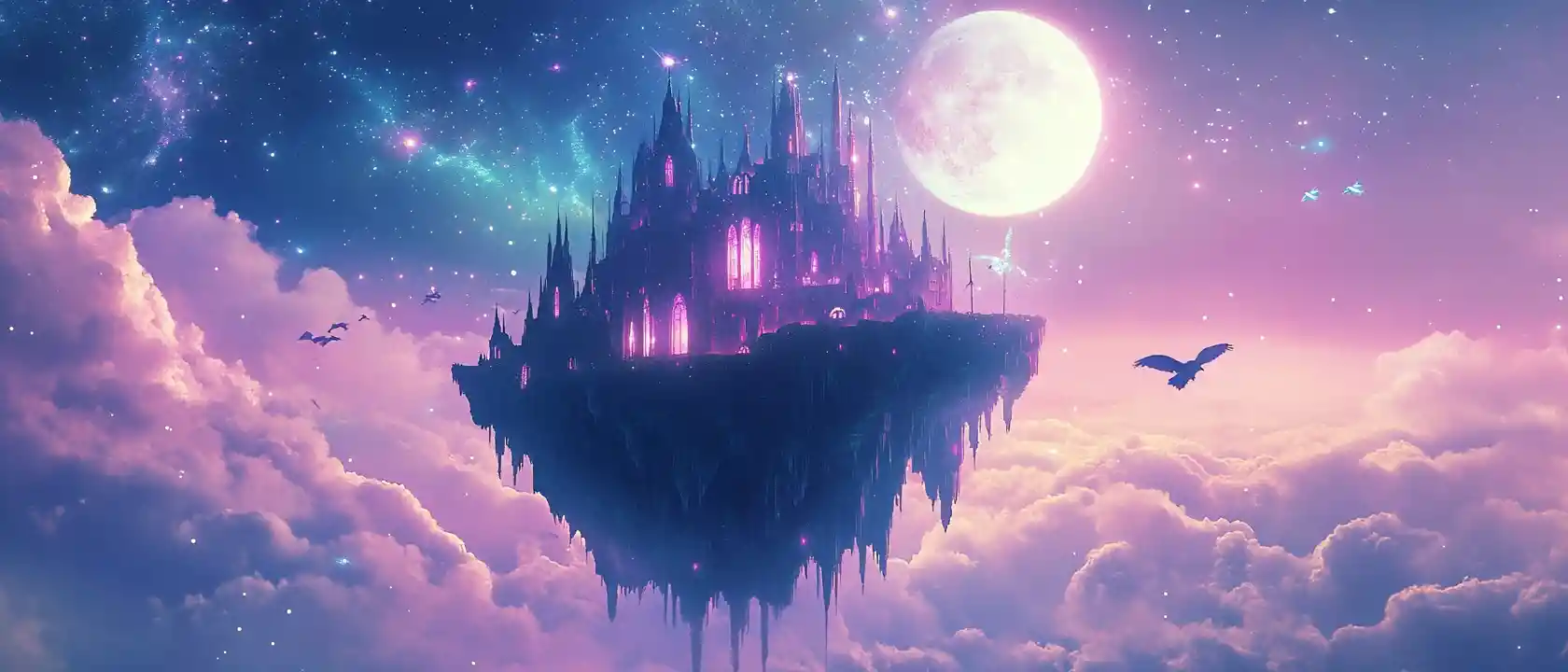 Anime floating castle in moonlit pastel fantasy sky