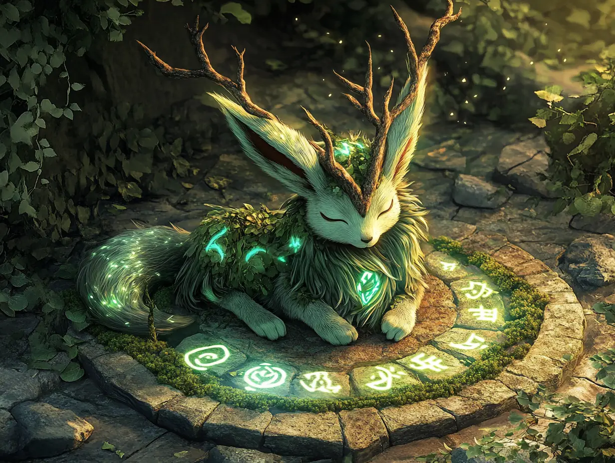 Mystical fox creature resting in an ancient stone circle