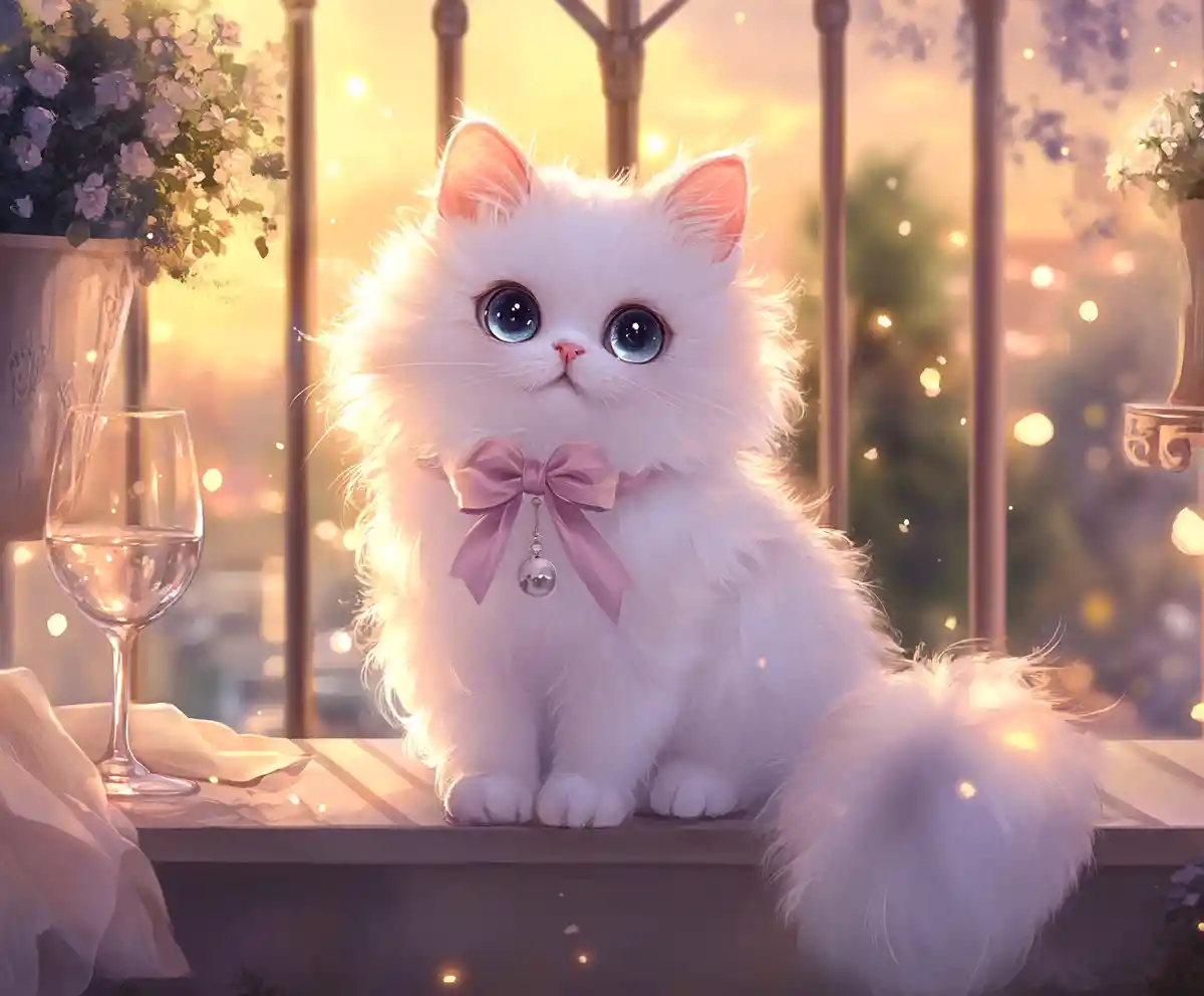 Cute white anime cat on a dreamy balcony
