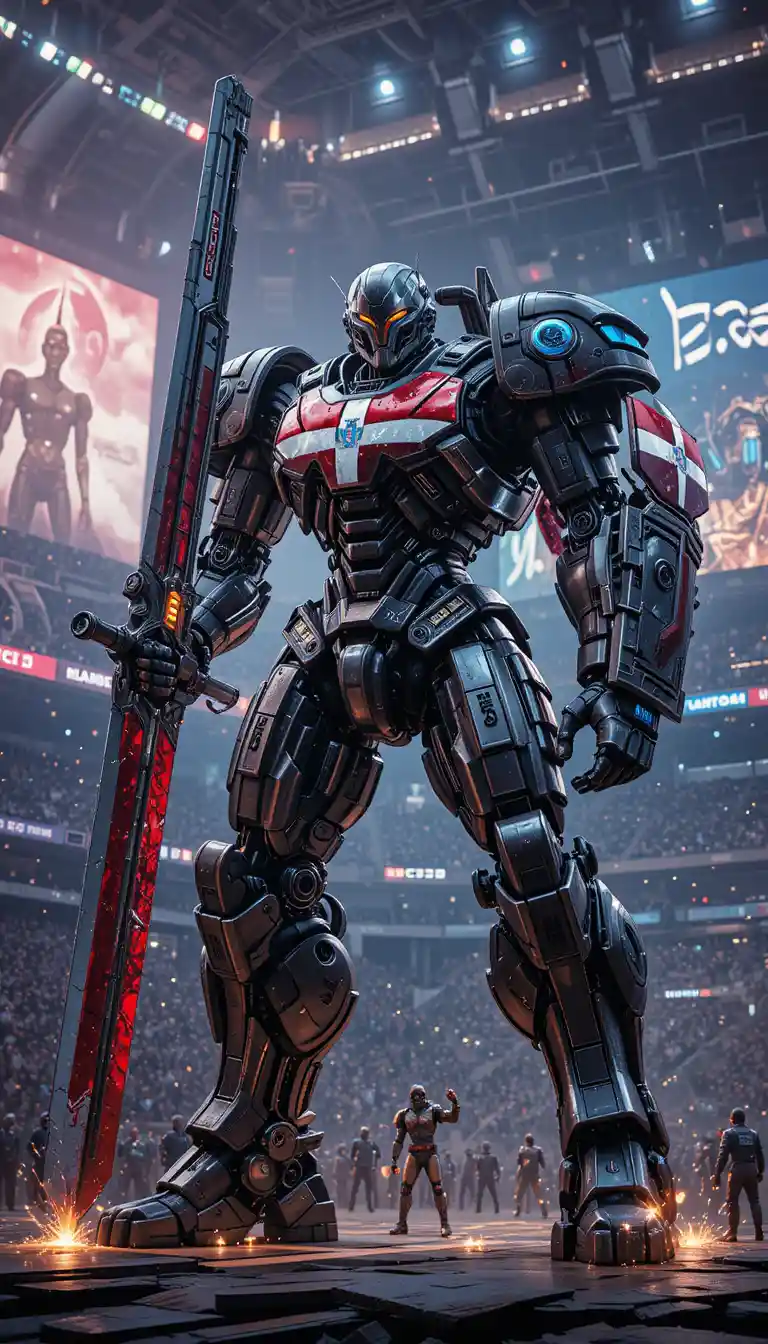 Robot Gigante Corazzato in Battaglia in un'Arena Futuristica