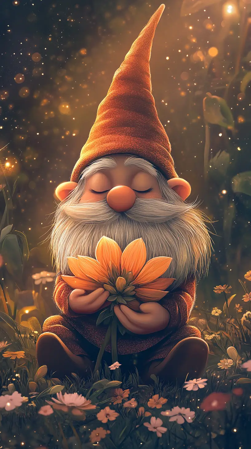Süßer Gnom hält eine Blume auf einem friedlichen Feld