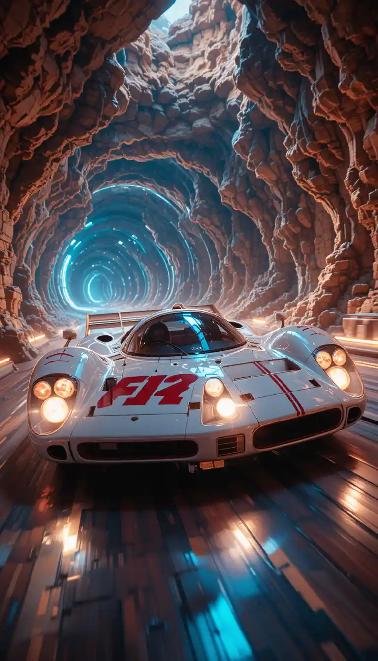 White racing car charges forward through a mysterious scene