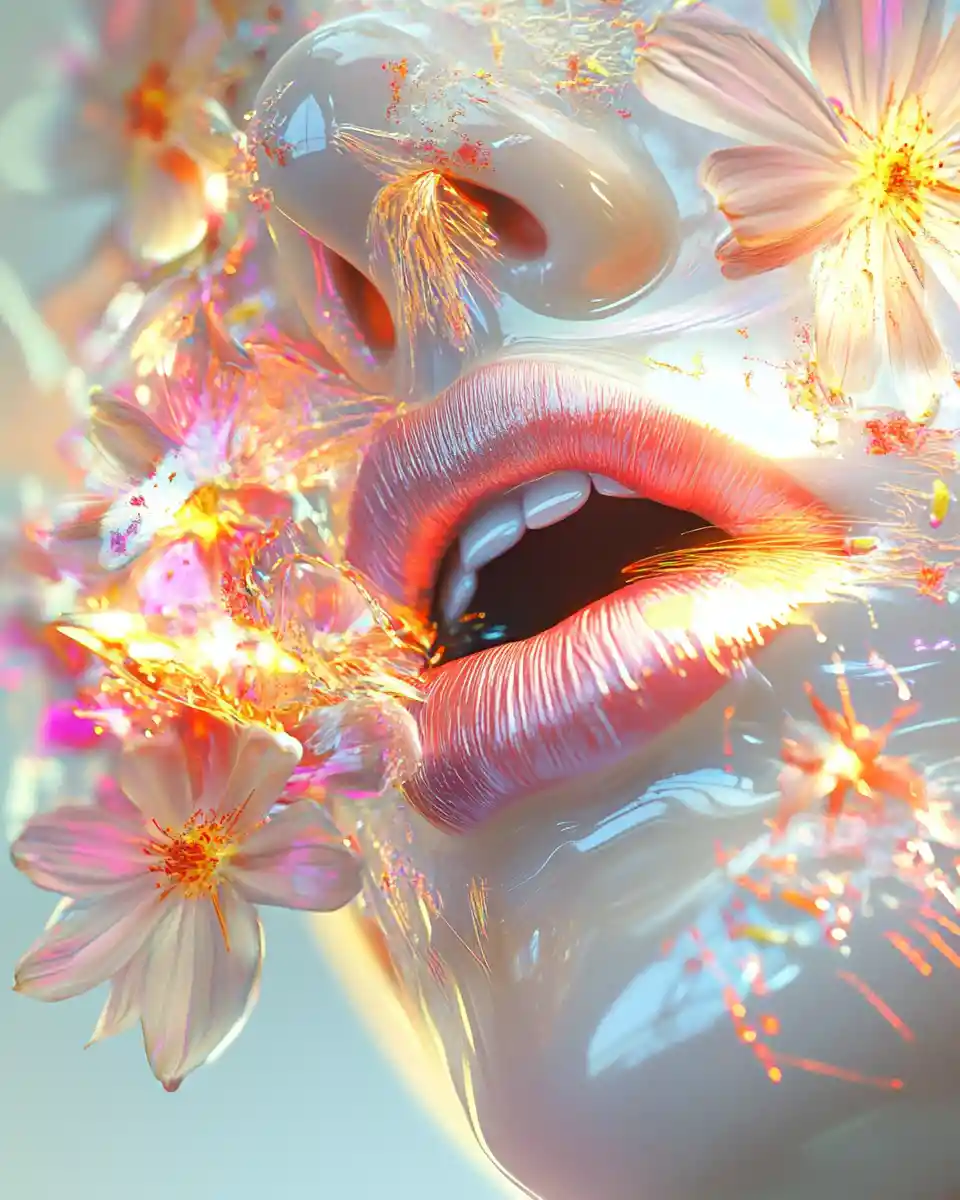 Illustrazione digitale colorata di labbra e fiori freschi
