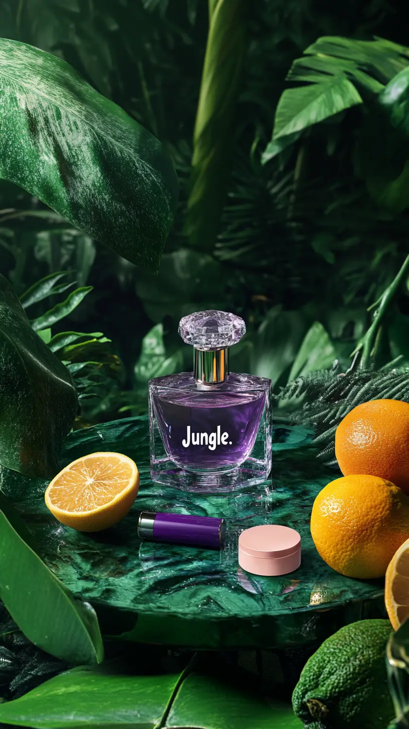 Flacone di profumo in cristallo e trucco in una lussureggiante scena di giungla