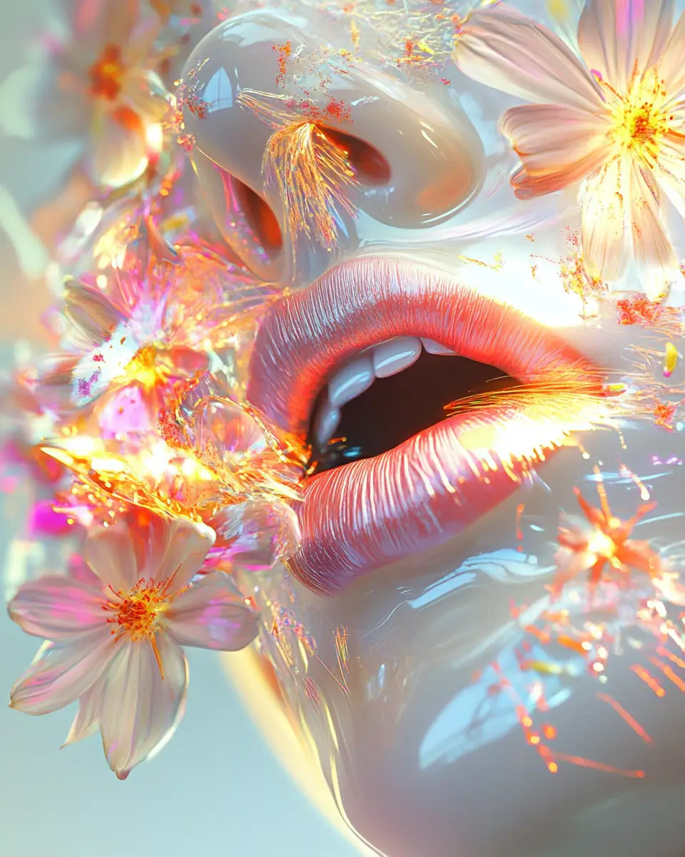 唇と生花のカラフルなデジタルイラスト