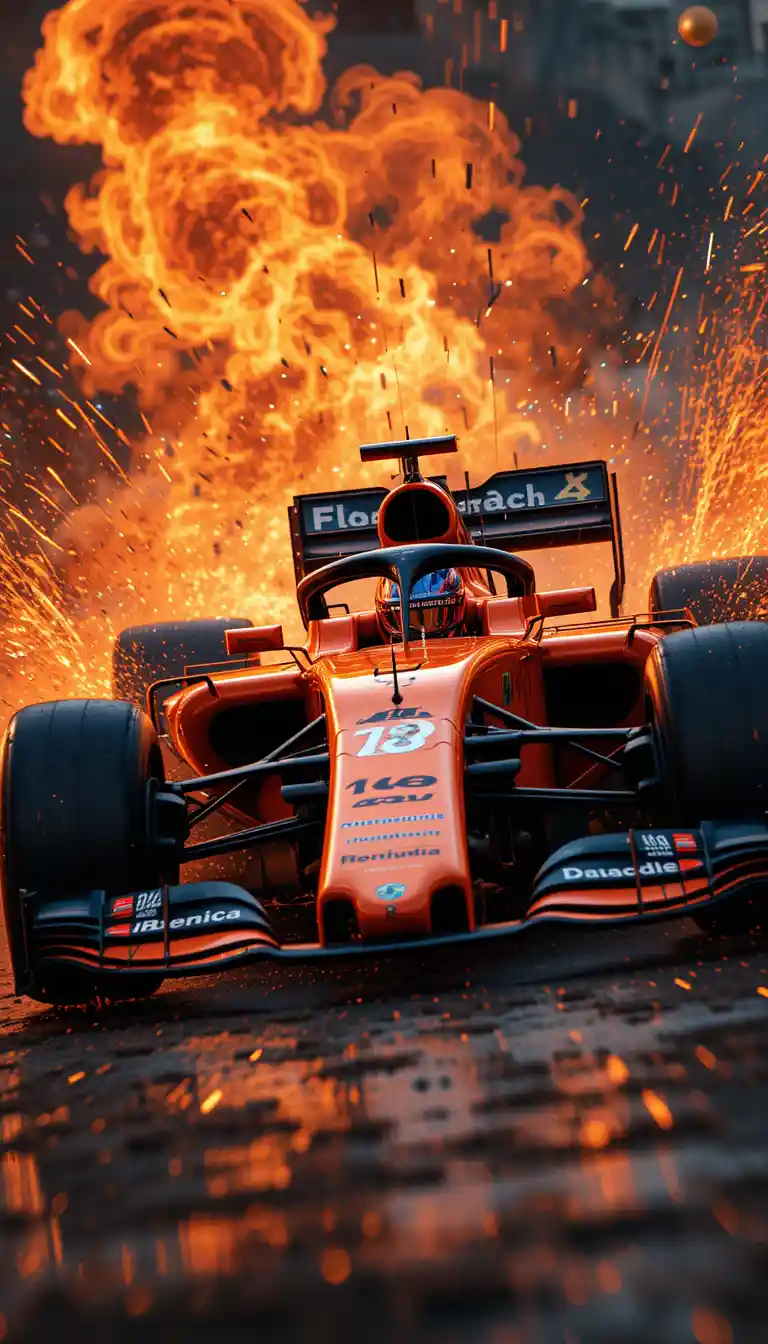 Orange formula car racing through fiery sparks