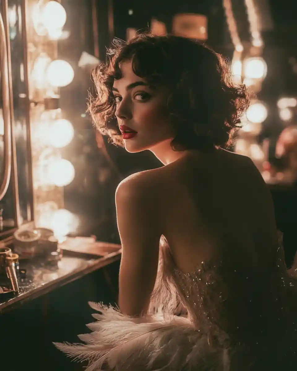 Attrice degli anni ’20 in un camerino vintage illuminato dolcemente