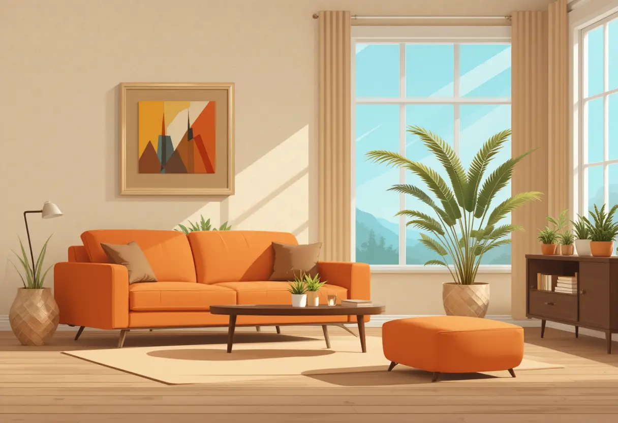 Salon chaleureux mid-century avec canapé orange et plantes