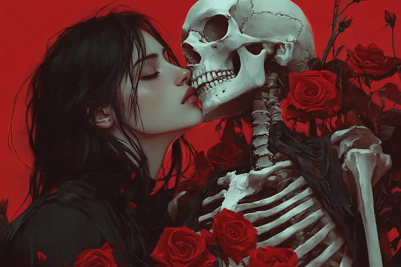 Femme et squelette entourés de roses rouge foncé