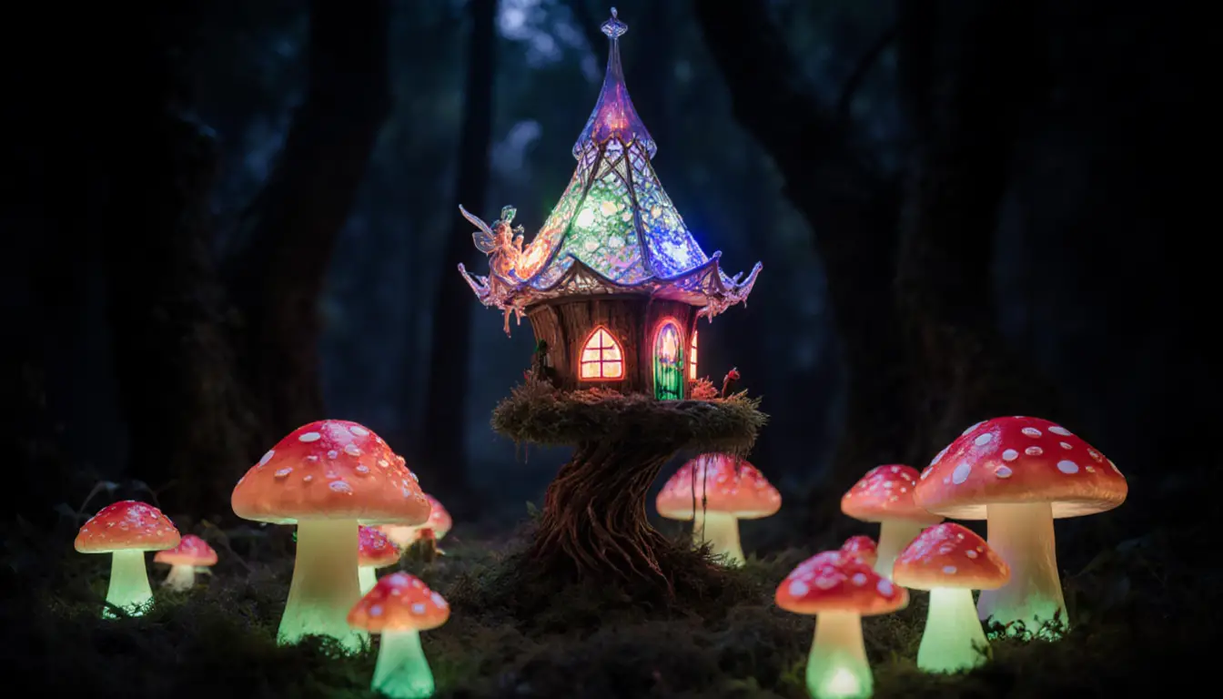 Casetta sull’Albero di Fata di Vetro Luminoso in una Foresta Fantasy Oscura