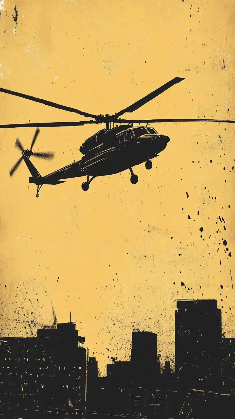 Grunge comic helicopter flying above urban cityscape poster