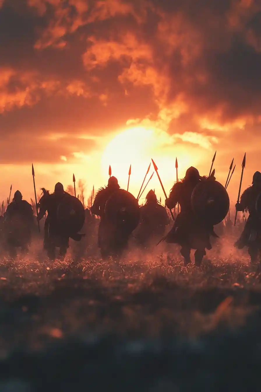 Epic anime warriors silhouetted on a sunset battlefield