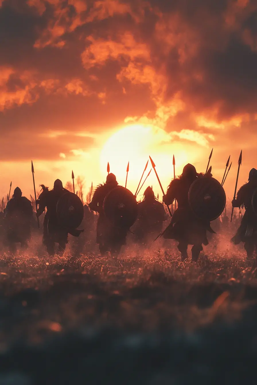 Epische Anime-Krieger als Silhouetten auf einem Schlachtfeld im Sonnenuntergang