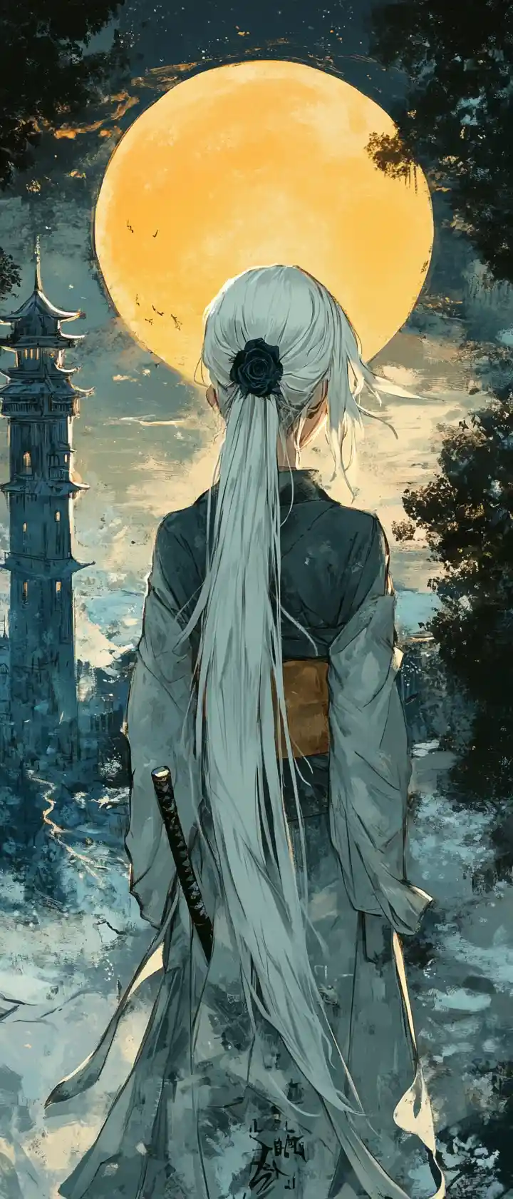 Anime girl with white hair bun and koi print shirt