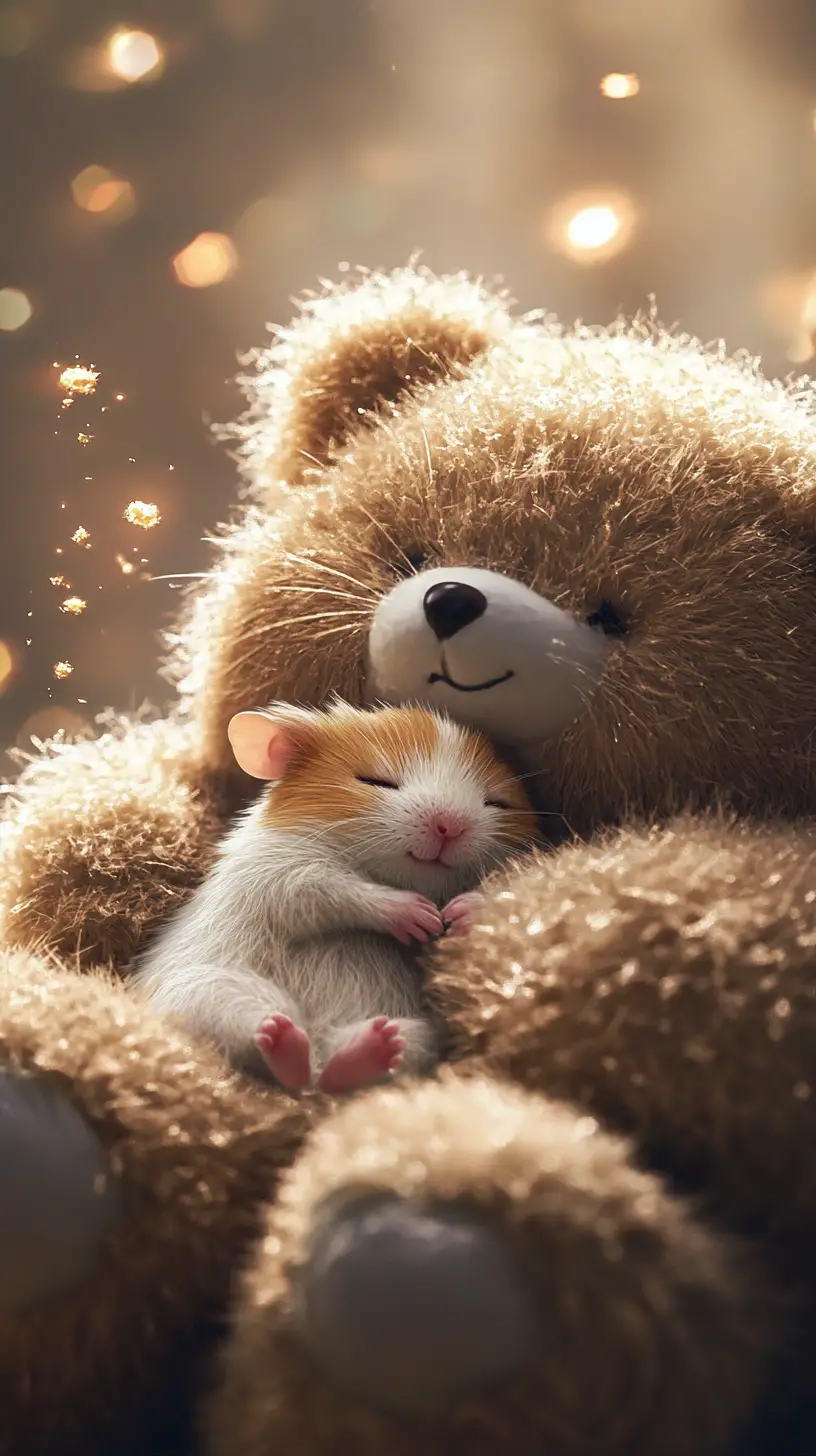 Cute chibi hamster sleeping on a fluffy teddy bear