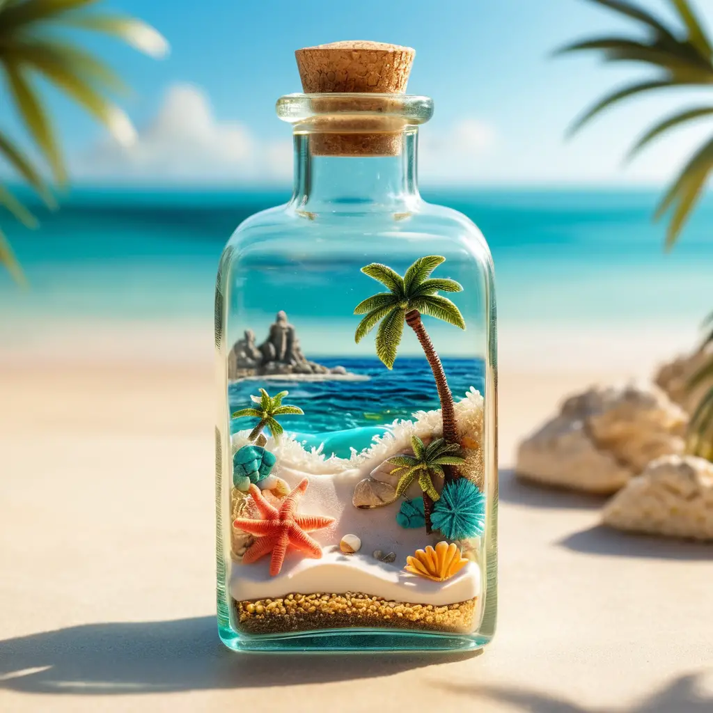 Mondo in miniatura di spiaggia tropicale sigillato dentro una bottiglia di vetro