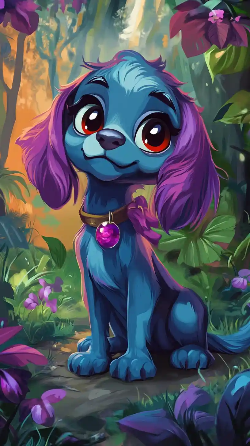 Purple spaniel character posing with diva flair and style