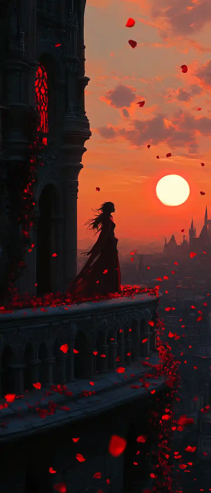 Garota vampira saúda seu primeiro nascer do sol na varanda do castelo