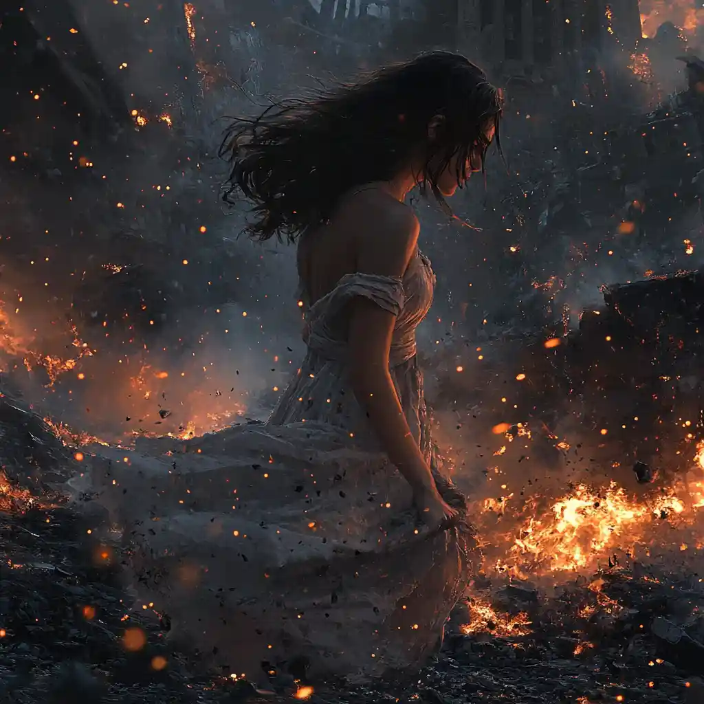 Donna fantasy cinematografica che corre tra rovine in fiamme nella notte