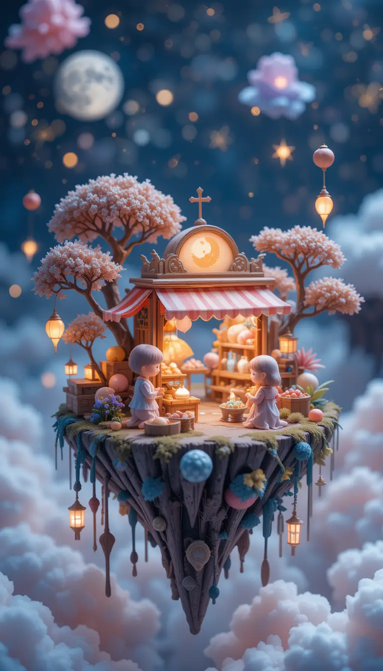 Fantastico mercato notturno su un'isola fluttuante con venditori di peluche animali