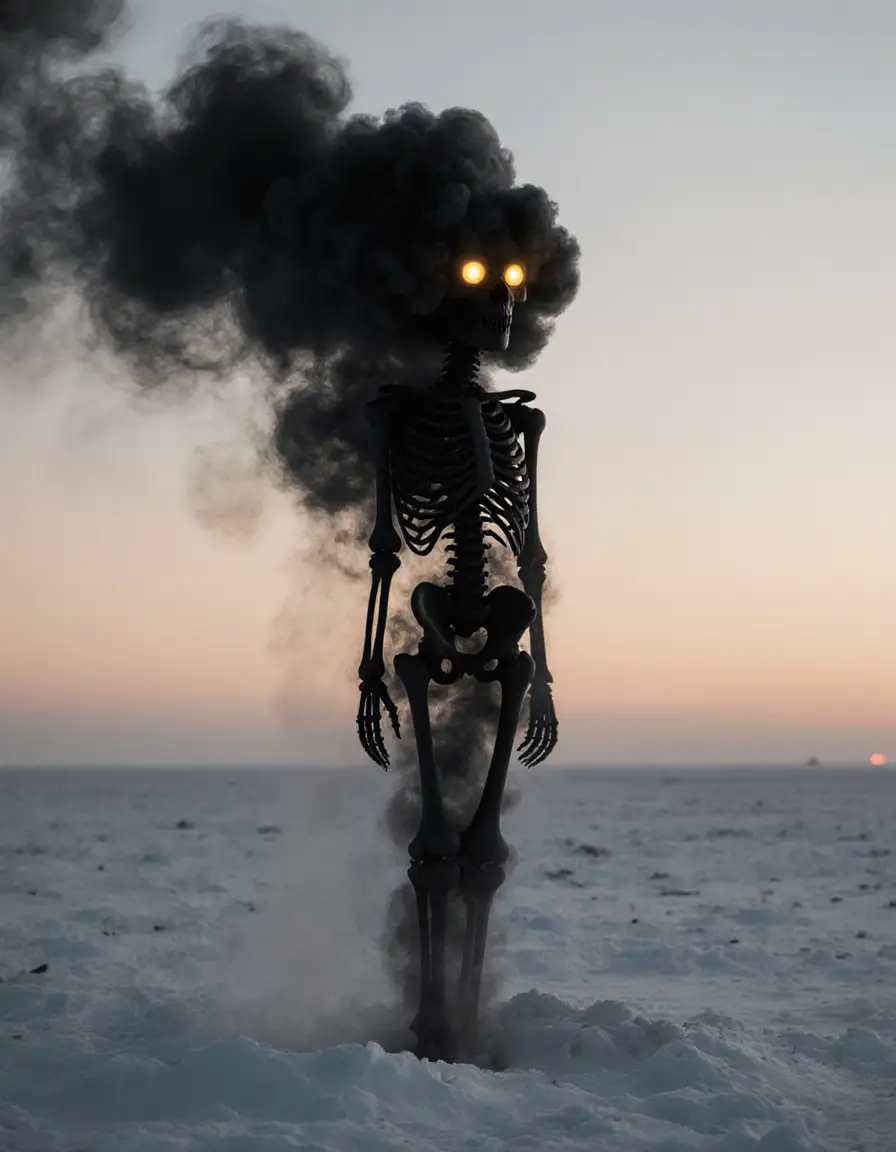 Inquietante figura de esqueleto de humo sobre una llanura nevada al atardecer