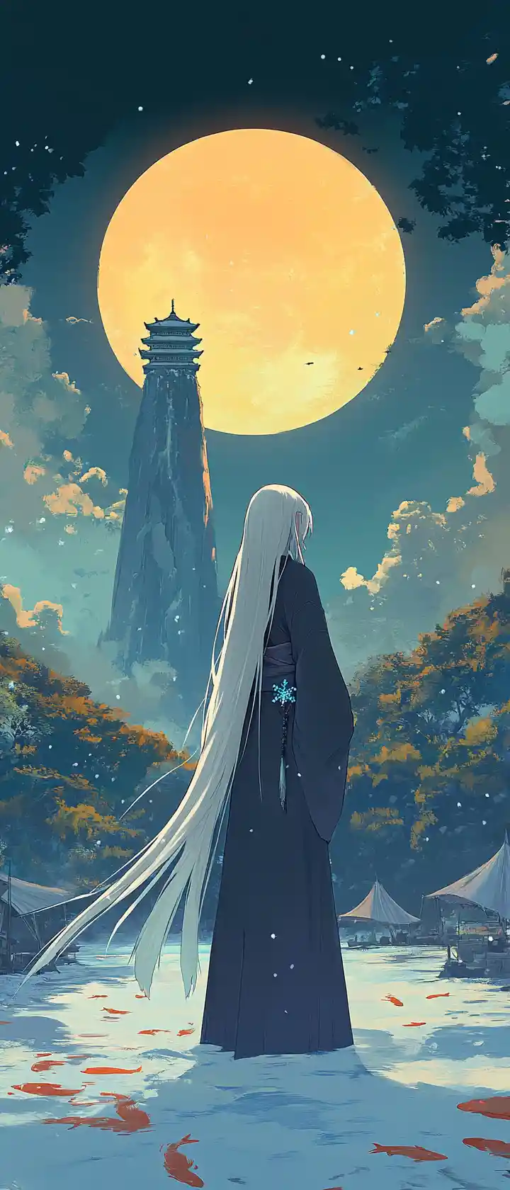 Anime girl with white hair bun and koi print shirt