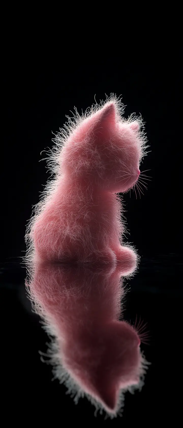 Fluffy pink felt cat emerging from dark dimensional rift