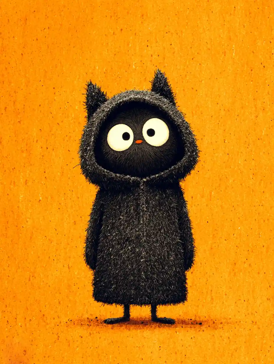 Gato negro con capa sobre fondo naranja brillante