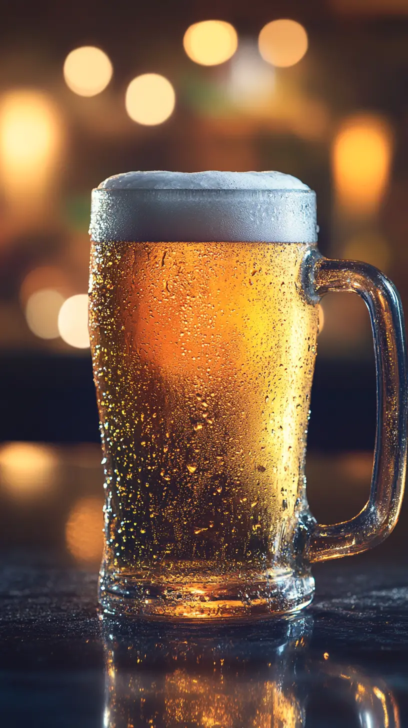 光亮吧檯上的冰霜金黃色啤酒杯