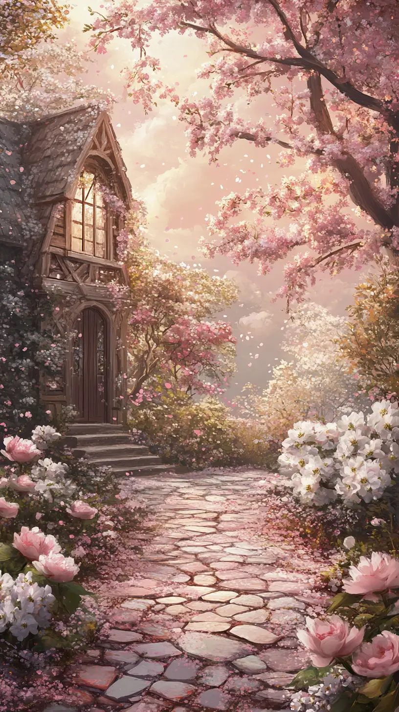 Magical garden path leading to an old decorative house