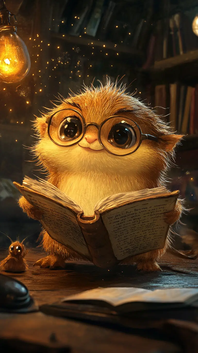 Criatura alegre devoradora de livros em um antigo quarto aquecido por luz de abajur