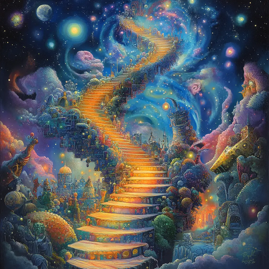 通往宇宙虛空的超現實虹彩階梯