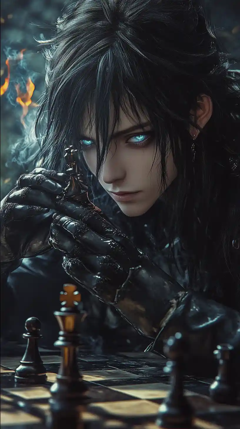 Intense close up of a young samurai playing chess