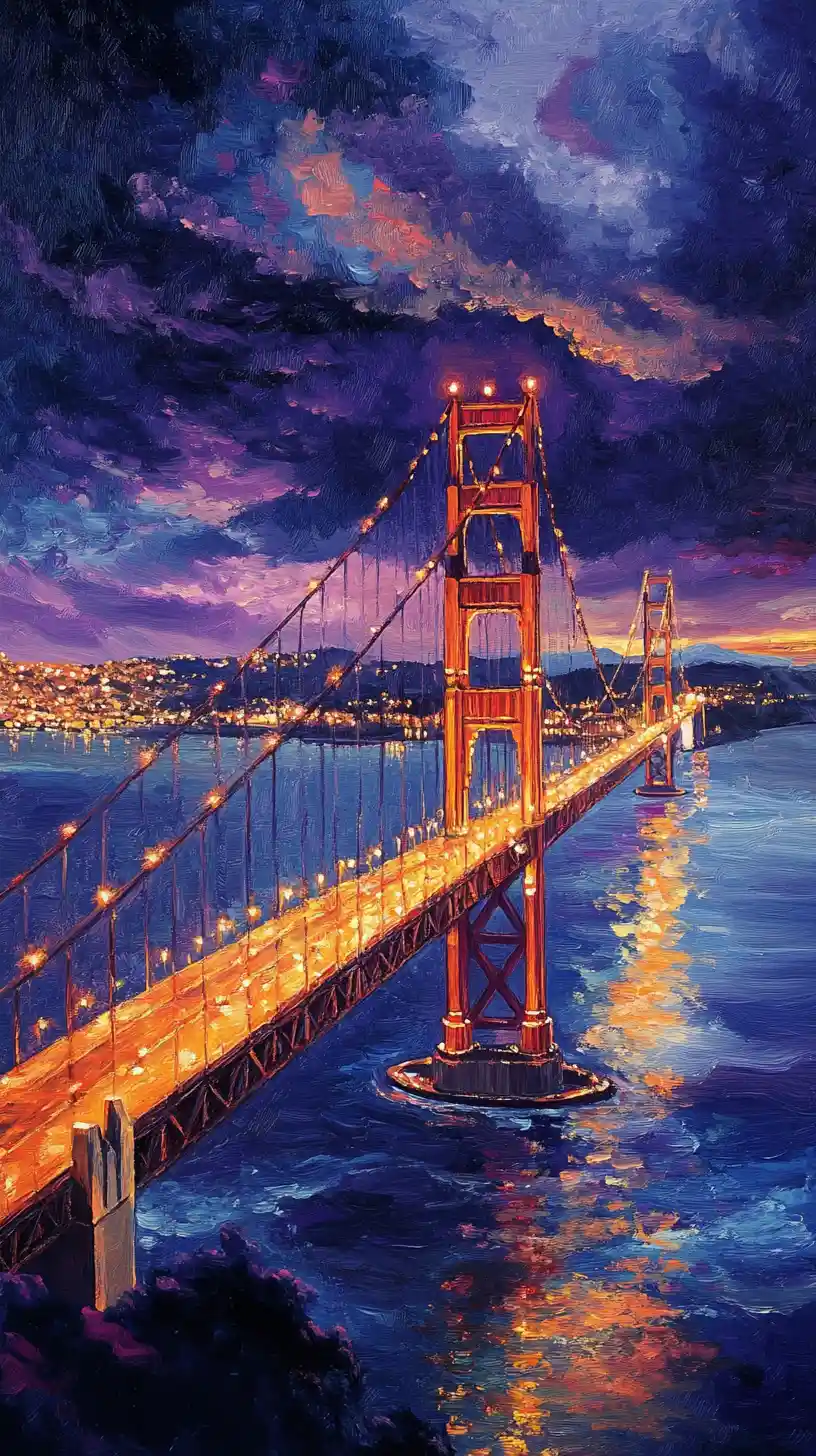Colorful oil painting of golden gate bridge at night