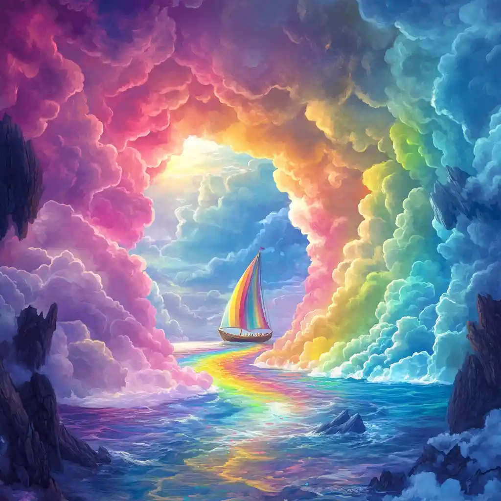彩虹帆船漂流穿越超現實繽紛雲霧隧道