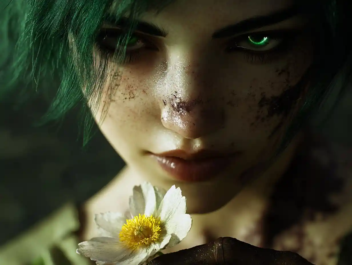 Anime close up of Persephone offering a glowing flower