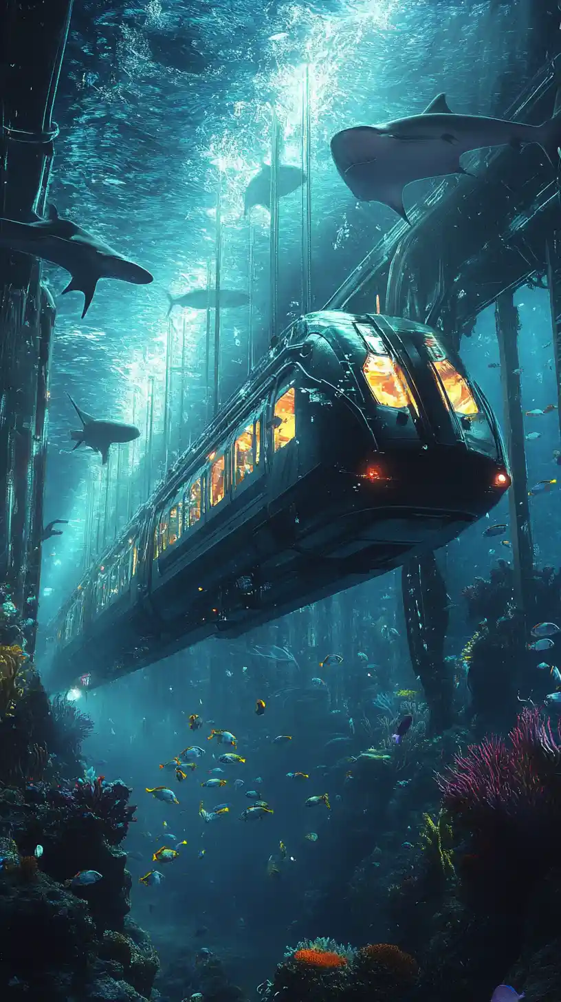 Futuristic train racing through a glowing underwater world