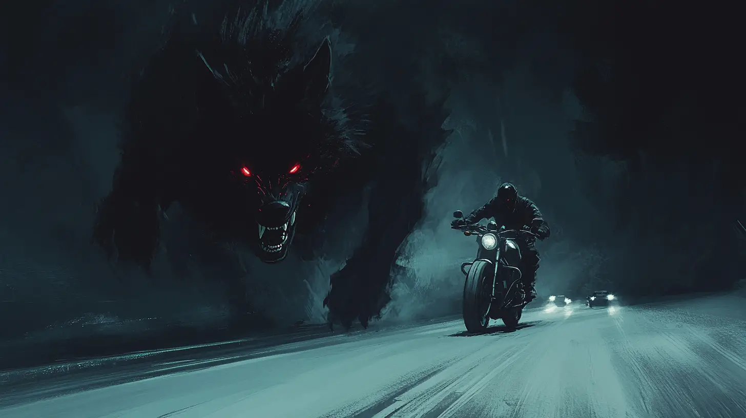 恐懼騎士在夜間高速公路狂飆，被暗影惡狼追趕