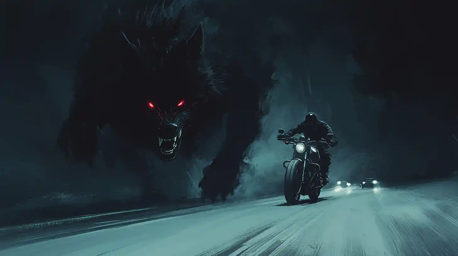 Terrified biker racing on a night highway chased by shadow wolf