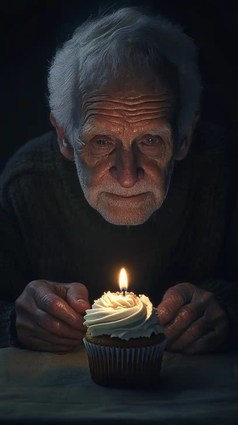 Old man with birthday cupcake in warm candlelight