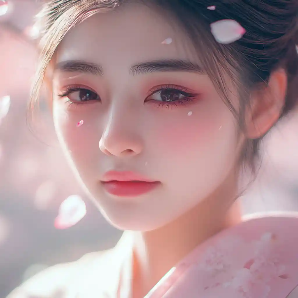 Primo piano di una ragazza in kimono pastello con petali