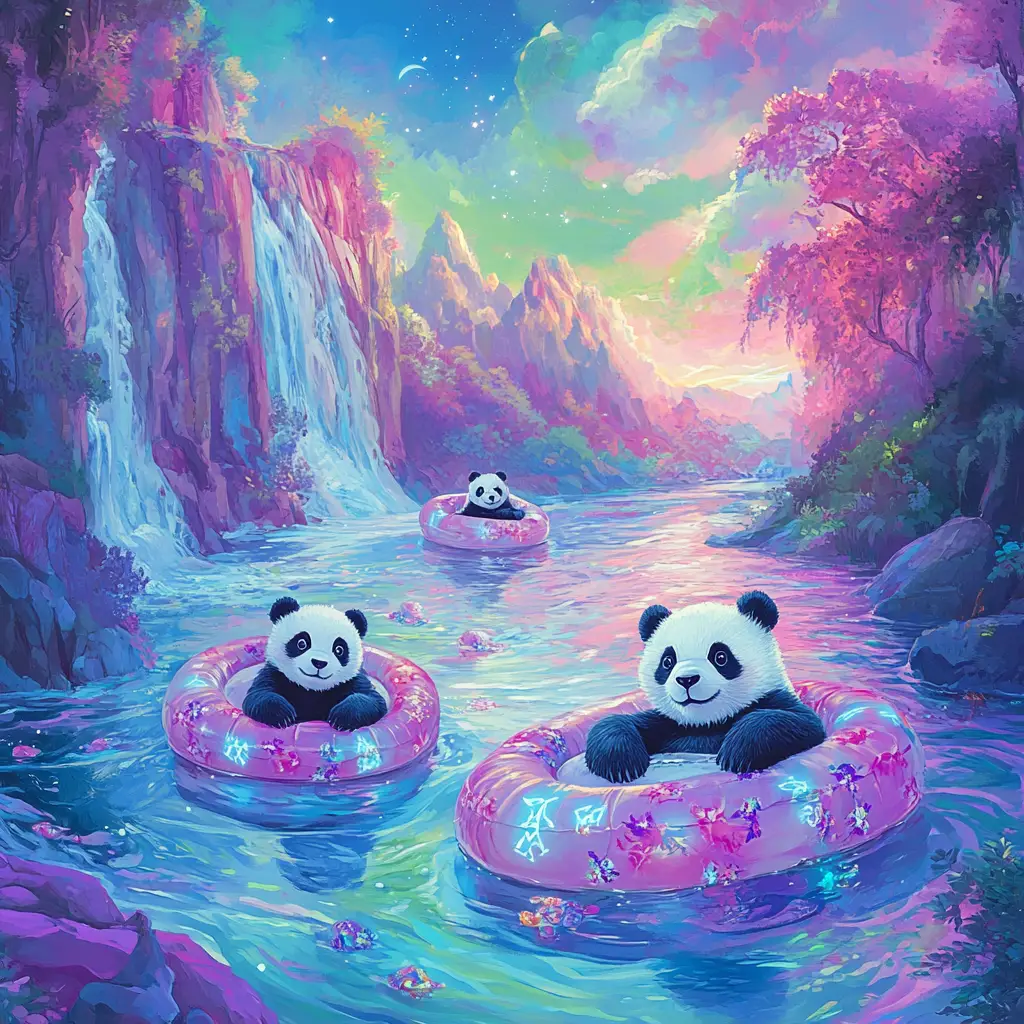 可愛的小熊貓在河中乘著糖果泳圈漂浮