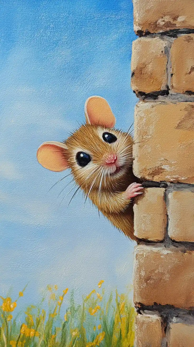 Dolce topolino chibi che sbircia da un muro di mattoni nel prato