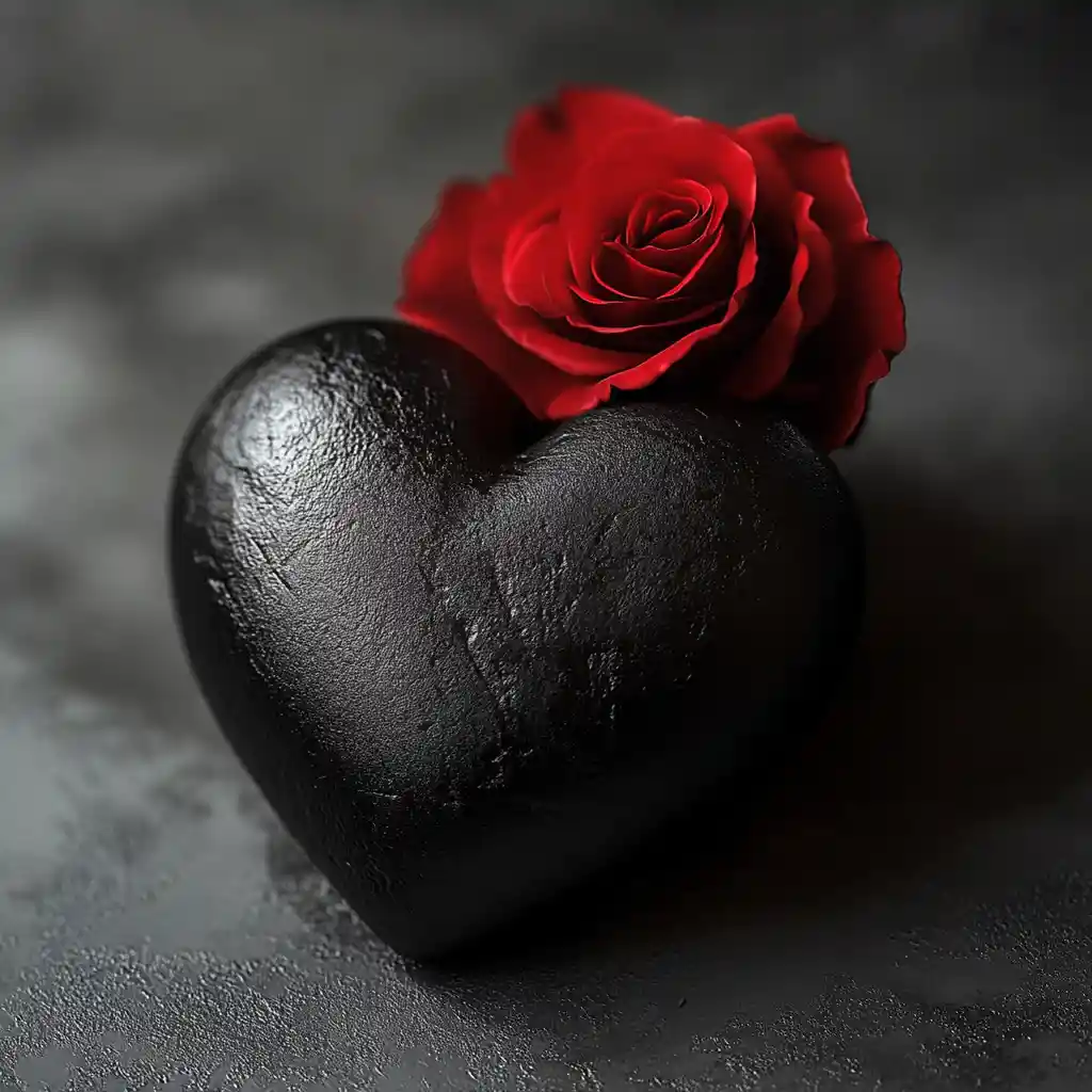 Cuore nero con una singola rosa rossa in uno spazio in scala di grigi