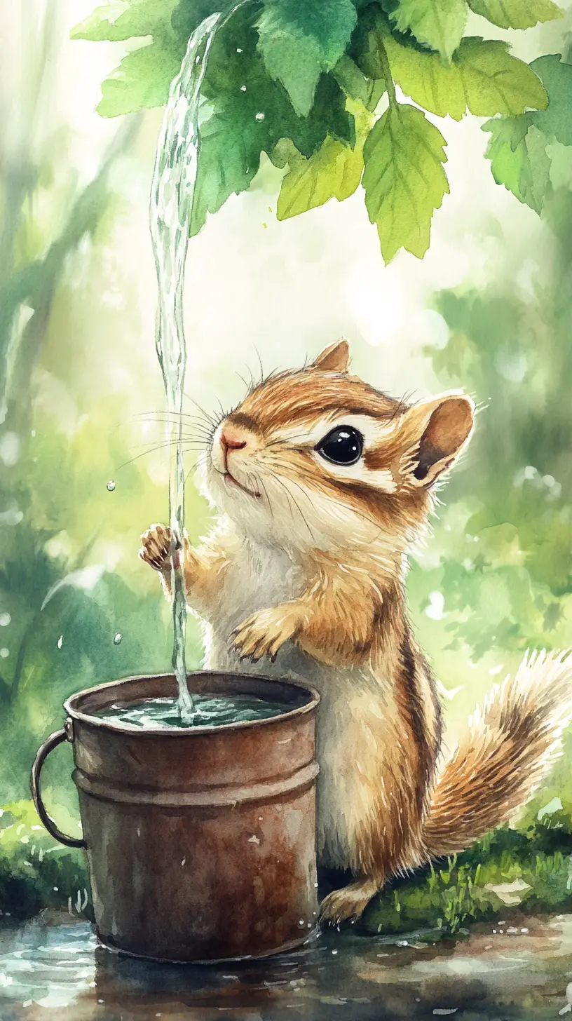 森のさびたバケツのそばにいる水彩画のシマリス