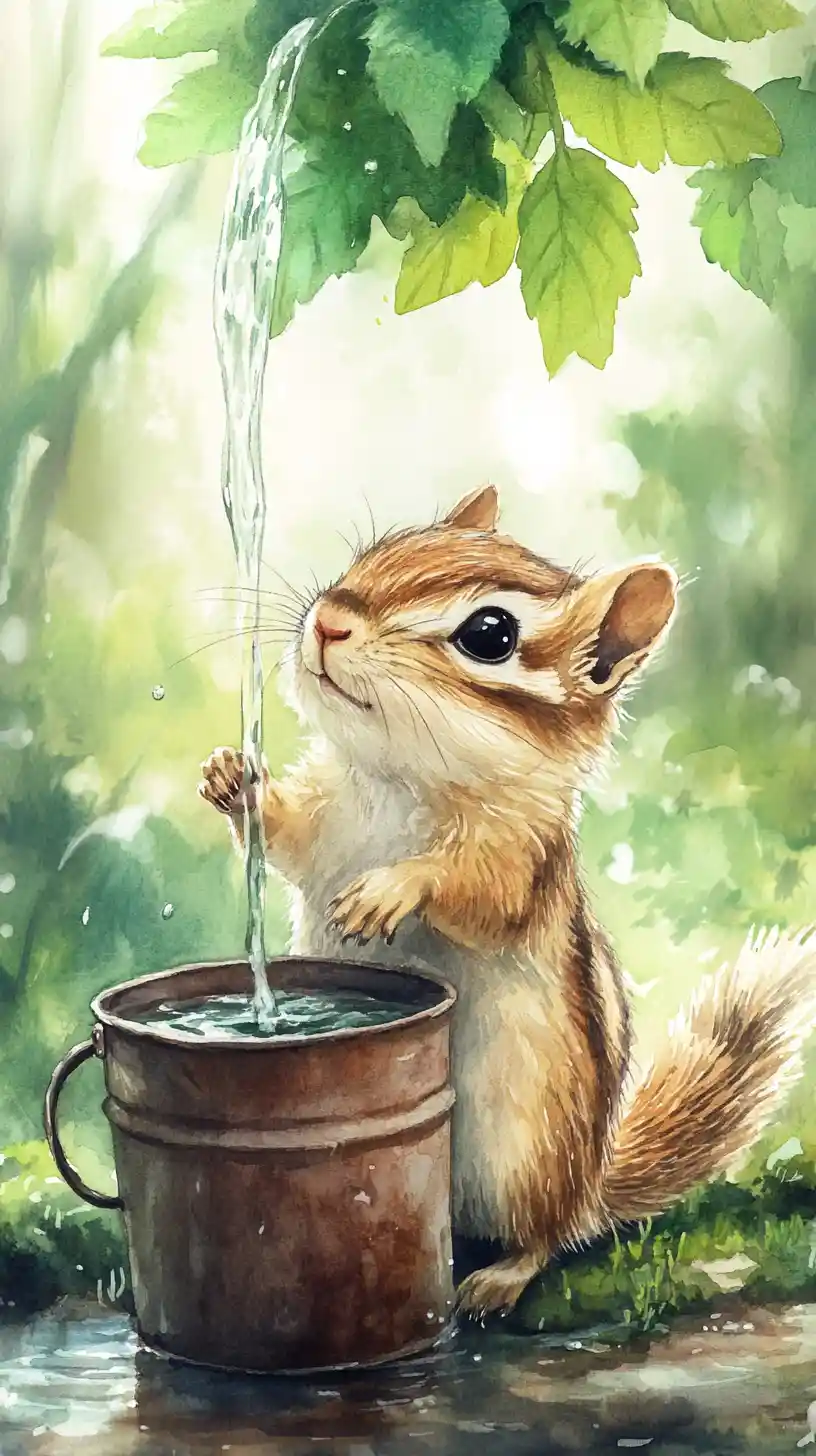 Watercolor chipmunk beside a rusty bucket in forest