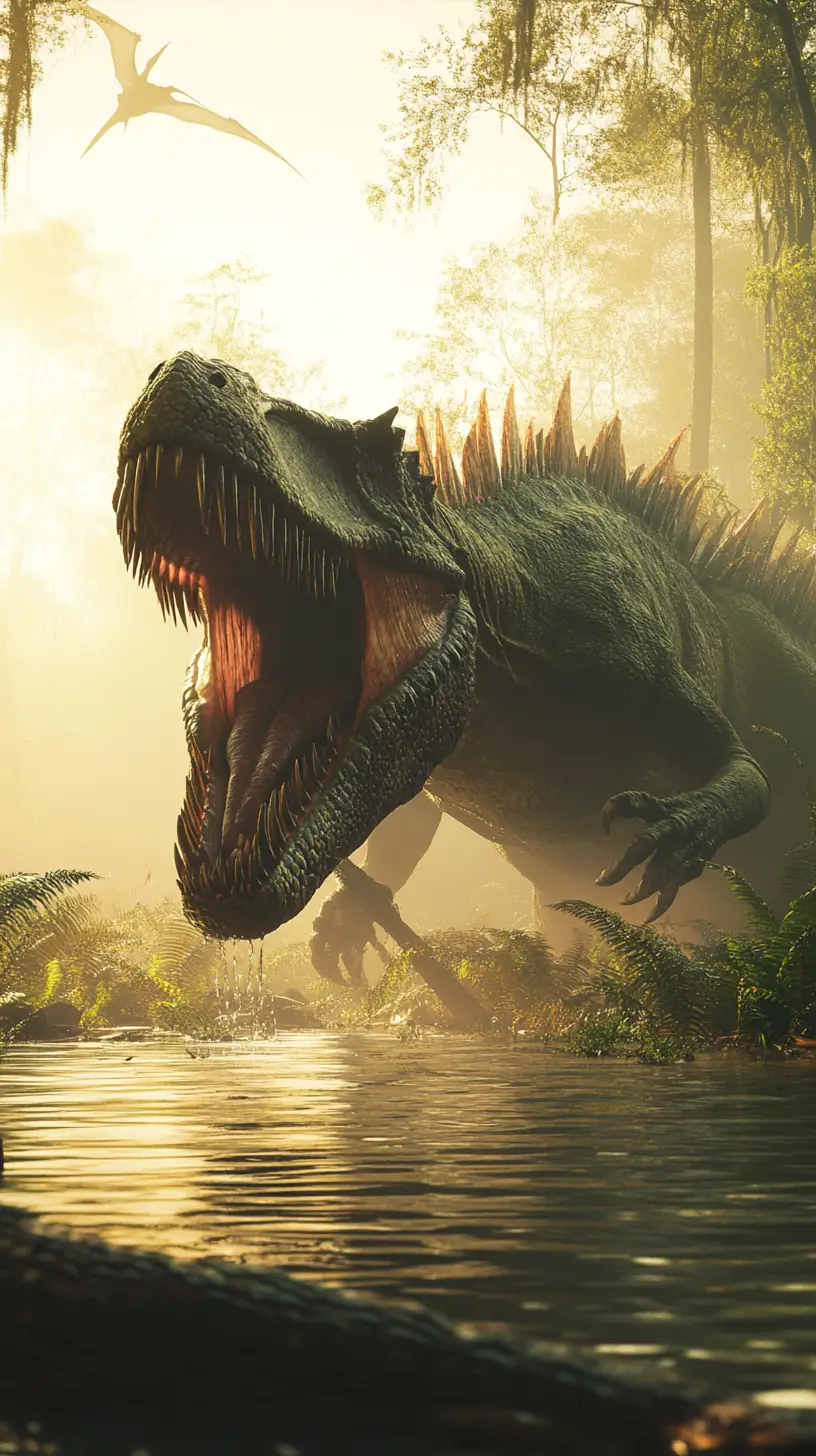 Spinosaurus colossal rugissant dans un marais préhistorique brumeux