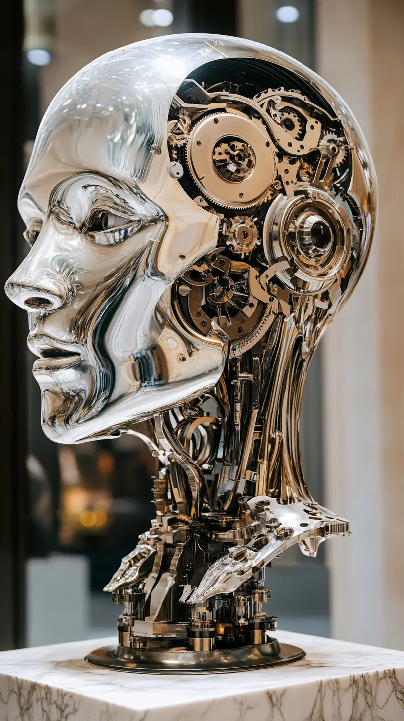 Sculpture de tête mécanique complexe sur une colonne de marbre dans un musée